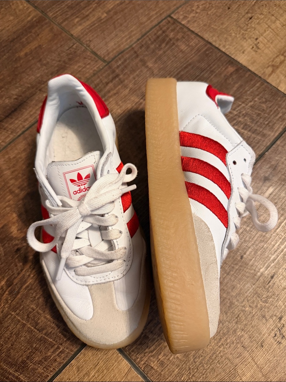 adidas women’s size 6 White Sneakers with Red Stripes and Gum Sole